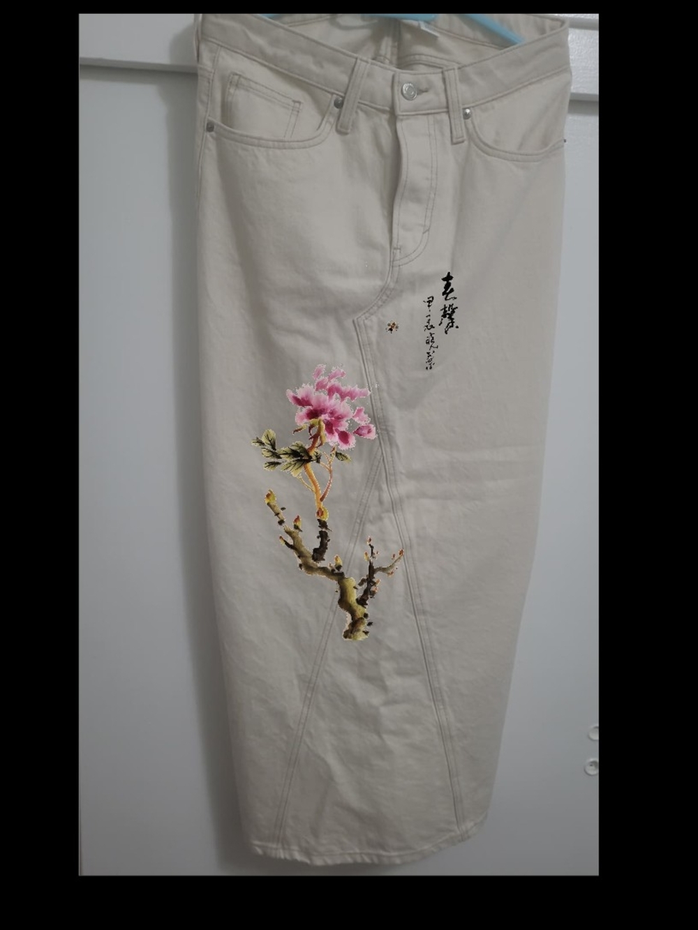 Artist Designed Drawing Print On Cream Midi Skirt with Pink Floral